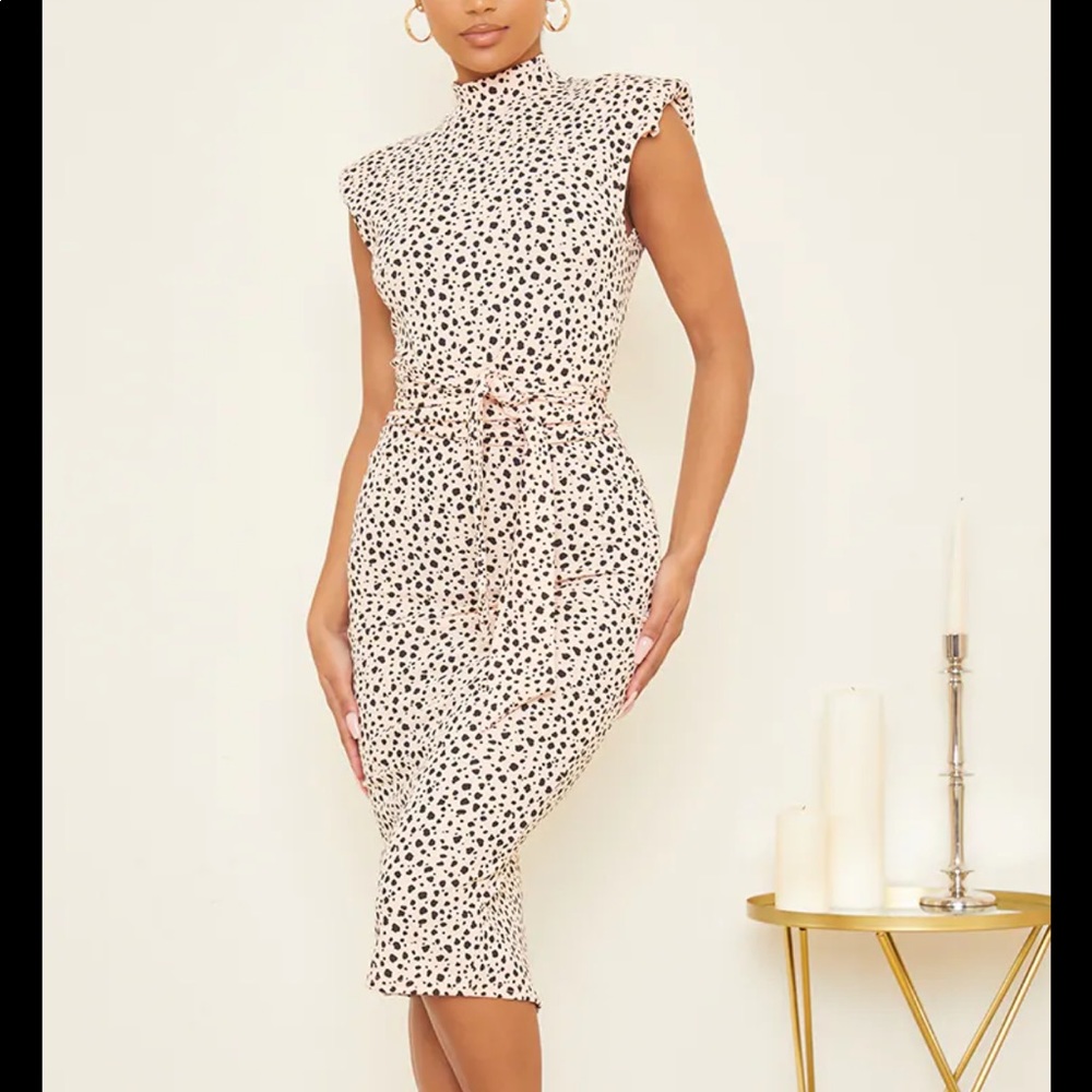 Nude Dalmatian Shoulder Pad Tie Waist Midi Dress
